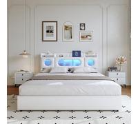 YNYHTER Lit double 160 x 200 cm avec lumières LED, lit tapissé avec rangement et chargeur USB et lumière LED, cadre de lit hydraulique avec tête en tissu PU, sans matelas (APU blanc, 160 x 200 cm)