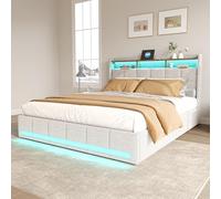 YNYHTER Lit double avec rangement et LED, lit tapissé 160 x 200 lumières LED et chargeur USB et lumière LED, lit 160 x 200 cm avec 4 tiroirs de rangement, sans matelas (C beige, 160 x 200 cm)
