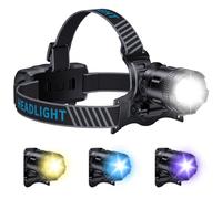 YNYS Lampe frontale de pêche rechargeable, 2000 lumens, 4 couleurs, lampe frontale UV, zoomable, super lumineuse avec détecteur de mouvement et réglable à 90° pour adultes, pêche, travail, camping