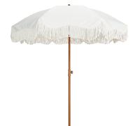 YNZUNMY Parasol Plage, Parasol à Frange Parasol de Pique-Nique Boho à Franges, 2 m, UPF 50+, avec Pompons, mât en Acier et Bouton-Poussoir inclinable(Antique White)