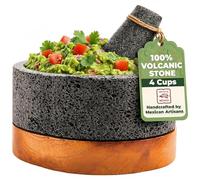 YO PIDO Molcajete 20,3 cm avec support en bois ; mortier à épices ; fabriqué avec de la pierre volcanique ; Molcajete fait à la main au Mexique ; machine à guacamole et à salsa ; comprend un pilon