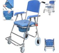 yoakaiax Chaise percée de douche avec 4 roues verrouillables, chaise percée de chevet pliable 3 en 1 avec roulettes, chaise percée pour toilettes avec dossier et repose-pieds, pour personnes âgées et