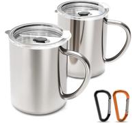 Yoassi 2pcs Mugs Isothermes Café 400ml, Gobelet Isotherme en Acier Inoxydable avec Couvercle, Tasses Thermos Étanche Portable avec 2 Mousquetons pour Camping, Randonnée, Voyage, Pique-niques, etc