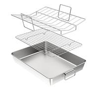 Yoassi 41.2*31.6cm Super Grande Plaque de Cuisson avec Grille de Refroidissement et Grille à Rôtir en Forme V,Plat à Four Rectangulaire en Acier Inox,Plat à Patisserie Passe au Lave-Vaisselle,Lot de 3