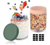 Yoassi Lot de 2 Pots pour Overnight Oats, 500ml Bocaux en Verre avec Couvercle Hermétique pour Gruau de Nuit,Pudding,Porridge,Yaourt,Réutilisables Pots de Conservation pour Céréales,Confiture,Graines