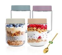 Yoassi Lot de 4 Pots pour Overnight Oats, 500ml Bocaux en Verre avec Couvercle Hermétique pour Gruau de Nuit,Pudding,Porridge,Yaourt,Réutilisables Pots de Conservation pour Céréales,Confiture,Graines