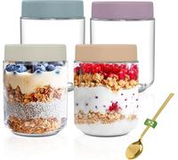 Yoassi Lot de 4 Pots pour Overnight Oats, 500ml Bocaux en Verre avec Couvercle Hermétique pour Gruau de Nuit,Pudding,Porridge,Yaourt,Réutilisables Pots de Conservation pour Céréales,Confiture,Graines