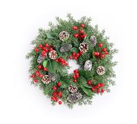 YobiLife Couronne de Noël en feuilles de cèdre artificielles de 45 cm avec baies rouges et pommes de pin pour décoration saisonnière intérieure ou extérieure