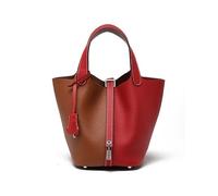 Yobohui Sac seau en cuir souple pour femme - Design tendance - Panier à légumes - Sac à main de transport décontracté, Rouge et marron, Small