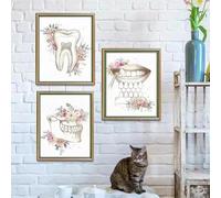 Yocheng 3 Dents Anatomie Art Floral Santé Bucco-Dentaire Aquarelle Dentisterie Minimaliste Art Mural Toile Peinture Affiches Pour La Décoration Intérieure 21x30cmx3 sans cadre