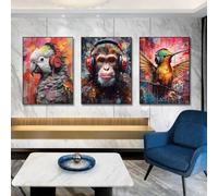 Yocheng 3 impressions abstraites d'oiseaux et de singes sur toile,graffiti coloré,affiche d'animal avec casque,art mural,décoration de maison 40x60cmx3 sans cadre