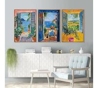 Yocheng 3 Tableaux sur toile abstraits représentant un paysage méditerranéen par la fenêtre - Affiches artistiques avec vue sur la côte - Décoration pour chambre à coucher 21x30cmx3 sans cadre
