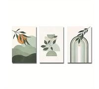 Yocheng Ensemble de 3 tableaux bohèmes représentant un paysage aux douces couleurs vert sauge,une montagne,un soleil,des feuilles et un arc-en-ciel. Impression sur toile. 60x80cmx3 sans cadre