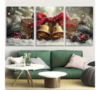 Yocheng Ensemble de 3 tableaux sur toile représentant des cloches de Noël dorées ornées d'un nœud rouge et de branches de pin. Décoration élégante pour les fêtes de fin d'année. 21x30cmx3 sans cadre