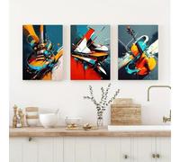Yocheng Ensemble de 3 œuvres d'art présentant des motifs abstraits d'un violoncelle,d'un piano et d'une guitare. Ces impressions sont réalisées sur toile. 21x30cmx3 sans cadre