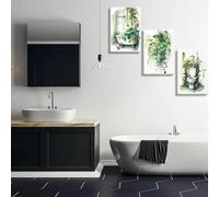 Yocheng Ensemble de trois tableaux muraux pour salle de bain,imprimés sur toile avec des feuilles vert sauge et des plantes tropicales,décoration amusante pour la salle de bain. 40x60cmx3 sans cadre