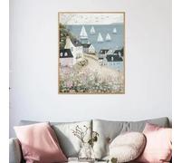 Yocheng Peinture abstraite de maison de plage, décor de paysage marin, décoration murale d'été, village côtier, ensemble mural de galerie, art sur toile nautique rustique 50x70cm sans cadre