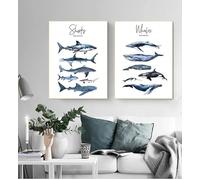 Yocheng Tableau mural éducatif nordique,décor de chambre d'enfant et de bébé,peinture nautique de mer,baleine,requin,affiche en toile,impression d'art Animal 40x50cmx2 Sans cadre