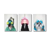 Yocheng Toile de peinture avec un chien dans un peignoir,3 pièces,affiches et imprimés d'animaux,Art mural de salle de bains,décoration moderne de salon et de toilettes 21x30cmx3 sans cadre