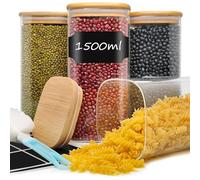YOCOLE 1500ml Bocaux en Verre, Lot de 4 Bocal en Verre avec Couvercle en Bois, Pots et Bocaux de Conservation, Bocaux Rangement Cuisine en Verre pour Céréales Bonbons Pâtes