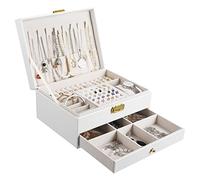 YOCOLE Boîte à Bijoux Femme, 2 Niveaux Rangement Bijoux Voyage Fille en Cuir PU, Organisateur Bijoux et Présentoirs Coffret pour Bagues, Boucles D'oreilles, Colliers, avec Serrure et Clé, Blanc
