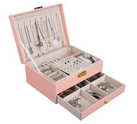 YOCOLE Boîte à Bijoux Femme, 2 Niveaux Rangement Bijoux Voyage Fille en Cuir PU, Organisateur Bijoux et Présentoirs Coffret pour Bagues, Boucles D'oreilles, Colliers, avec Serrure et Clé, Rose