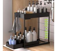 YOCOLE Relevable Rangement sous Evier 2 Niveaux, Coulissant Organiseur sous Évier Etagere Tiroir avec 4 Patères et 1 Vasques Suspendues, Étagère sous Évier pour Cuisine Salle de Bain, Noir
