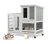 YODOLLA Clapier en Bois sur roulettes, Clapier Lapin Exterieur, 94x62x85cm | clapier à Lapin intérieur, 2 Étages & 3 Portes Verrouillables & 2 Plateaux Amovibles & Maille Métallique