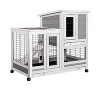 YODOLLA Clapier en Bois sur roulettes, Clapier Lapin Exterieur, clapier à Lapin intérieur, 2 Étages & 3 Portes Verrouillables & 2 Plateaux Amovibles & Maille Métallique, 94 x 62 x 85 cm, Gris