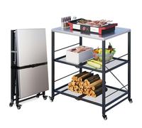 YODOLLA Desserte Plancha Exterieur,Desserte Jardin, Chariot de Barbecue 3 Niveaux,Table Pliable en Acier Inoxydable sur roulettes, Chariot de Repas Jardin et Support de BBQ Mobile, Argent