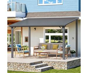 YODOLLA Pergola adossée Aluminium 2.4 x 3.6m, Gazebo à Toit Rigide, Pergola Murale pour Terrasse Extérieur, Pavillon de Jardin, Toit Incliné pour Ombre - Résistant aux UV & Intempéries - Noir
