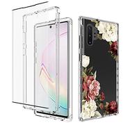 Yodueiv Coque pour Galaxy Note 10 Plus/Note 10+ 5G N975U avec protection d'écran en verre trempé, coque de protection intégrale transparente à motif floral pour Samsung Galaxy Note 10 Plus (fleur)