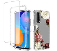Yodueiv Coque pour P Smart 2021/Huawei Y7A/Enjoy 20 SE, coque PPA-LX2 avec protection d'écran en verre trempé, coque de protection intégrale à motif floral transparent pour Huawei PSmart 2021 (fleur)