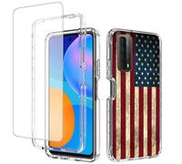 Yodueiv Coque pour P Smart 2021/Huawei Y7A/Enjoy 20 SE, coque PPA-LX2 avec protection d'écran en verre trempé, coque de protection intégrale avec motif drapeau transparent mignon pour Huawei PSmart 2021 (drapeau américain)