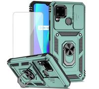 Yodueiv Coque pour Realme C20/Realme C20A/Realme C11 2021 RMX3063 avec protecteur d'écran en verre trempé et housse de caméra coulissante, anneau magnétique de voiture pour Oppo Realme C20 Vert