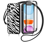 Yoedge 360 Degré Coque pour iPhone 15 avec Cordon de Collier 6,1", Coque avec Protecteur d'écran Intégré Transparent Silicone Full Body Protection Antichoc Housse Cordage Lanyard Case, Zèbre