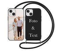 Yoedge Coque Personnalisable avec Cordon pour Apple iPhone 14 Plus Personnalisée 6,7", Étui Colliers Silicone Housse Personnaliser Custom avec Photo Image Texte Nom Noir Cover pour iPhone 14 Plus