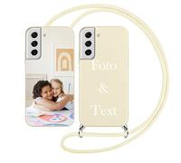 Yoedge Coque Personnalisable avec Cordon pour Samsung Galaxy S21 FE 5G Personnalisée 6,4", Étui Colliers Silicone Housse Personnaliser Custom avec Photo Image Texte Nom Beige Cover