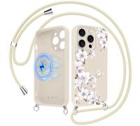 Yoedge Fleur Magnétique Coque Handykette pour iPhone 14 Pro avec Cordon, Aesthetic Magnolias Blanc Motif Case, Compatible avec MagSafe Étui,Silicone avec Réglable Lanyard pour iPhone 14 Pro 6,1"