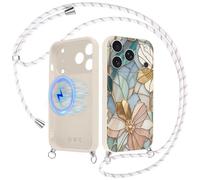 Yoedge Fleur Magnétique Coque Handykette pour iPhone 17 Pro Max avec Cordon, Aesthetic Verre Éclats Motif Case, Compatible avec MagSafe Étui, Silicone avec Réglable Lanyard pour iPhone 17Pro Max 6,9"