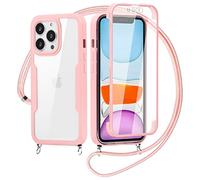 Yoedge Funda con Cuerda para iPhone 13 Mini con Protector de Pantalla Integrado 5,4", 360 Grados Carcasa Transparente TPU Suave Silicona Antigolpe Case con Colgante Collar Correa de Cuello Cordón,Rosa