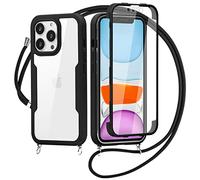 Yoedge Funda Con Cuerda Para Samsung Galaxy A21s 4G Con Protector de Pantalla Integrado 6,5", 360 Grados Transparente TPU Silicona Antigolpe Carcasa Con Colgante Collar Correa de Cuello Cordón, Negro