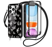 Yoedge Funda con Cuerda para Samsung Galaxy A53 5G con Protector de Pantalla Integrado 6,5", 360 Grados Transparente TPU Silicona Antigolpe Carcasa con Colgante Collar Correa de Cuello Cordón,Mariposa