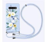 Yoedge Funda Con Cuerda Para Samsung Galaxy S10e 5,8", Púrpura Claro TPU Silicona Mate Case Con Lindo patrón Dibujos Animados Con Colgante Ajustable Correa de Cordón Cárcasa Para Samsung S10e, Flor 4