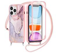 Yoedge Funda con Cuerda para Xiaomi Redmi Note 10 Pro/10 Pro Max 4G con Protector de Pantalla Integrado 6,67",360 Grados Transparente TPU Silicona Antigolpe Carcasa con Colgante Collar Correa,Mármol 1
