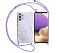 Yoedge Glitter Funda Con Cuerda Para Samsung Galaxy A32 (5G) 6,5", Transparente Silicona Carcasa Con Cordon Collar Correa Colgante, PC Bumper Antigolpes Case Para Samsung A32 (5G), Arcoiris Morado