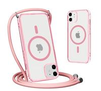 Yoedge Magnétique Coque pour iPhone 12 Mini avec Cordon de Collier 5,4", Étui Compatible avec MagSafe, Ultra Mince Translucide Mat Silicone Antichoc Housse avec Réglable Lanyard Necklace Case, Rosa
