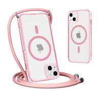 Yoedge Magnétique Coque pour iPhone 13 Mini avec Cordon de Collier 5,4", Étui Compatible avec MagSafe, Ultra Mince Translucide Mat Silicone Antichoc Housse avec Réglable Lanyard Necklace Case, Rosa