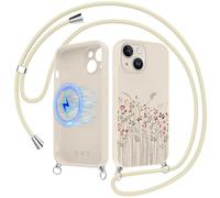 Yoedge Magnétique Fleur Coque Handykette pour iPhone 15 avec Cordon, Aesthetic Colorées Herbe Motif Case, Compatible avec MagSafe Étui,Silicone Housse avec Réglable Lanyard pour iPhone15 6,1"