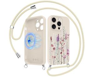 Yoedge Magnétique Fleur Coque Handykette pour iPhone 16 Pro avec Cordon, Aesthetic Herbe Herbe Motif Case, Compatible avec MagSafe Étui,Silicone Housse avec Réglable Lanyard pour iPhone 16Pro 6,3"